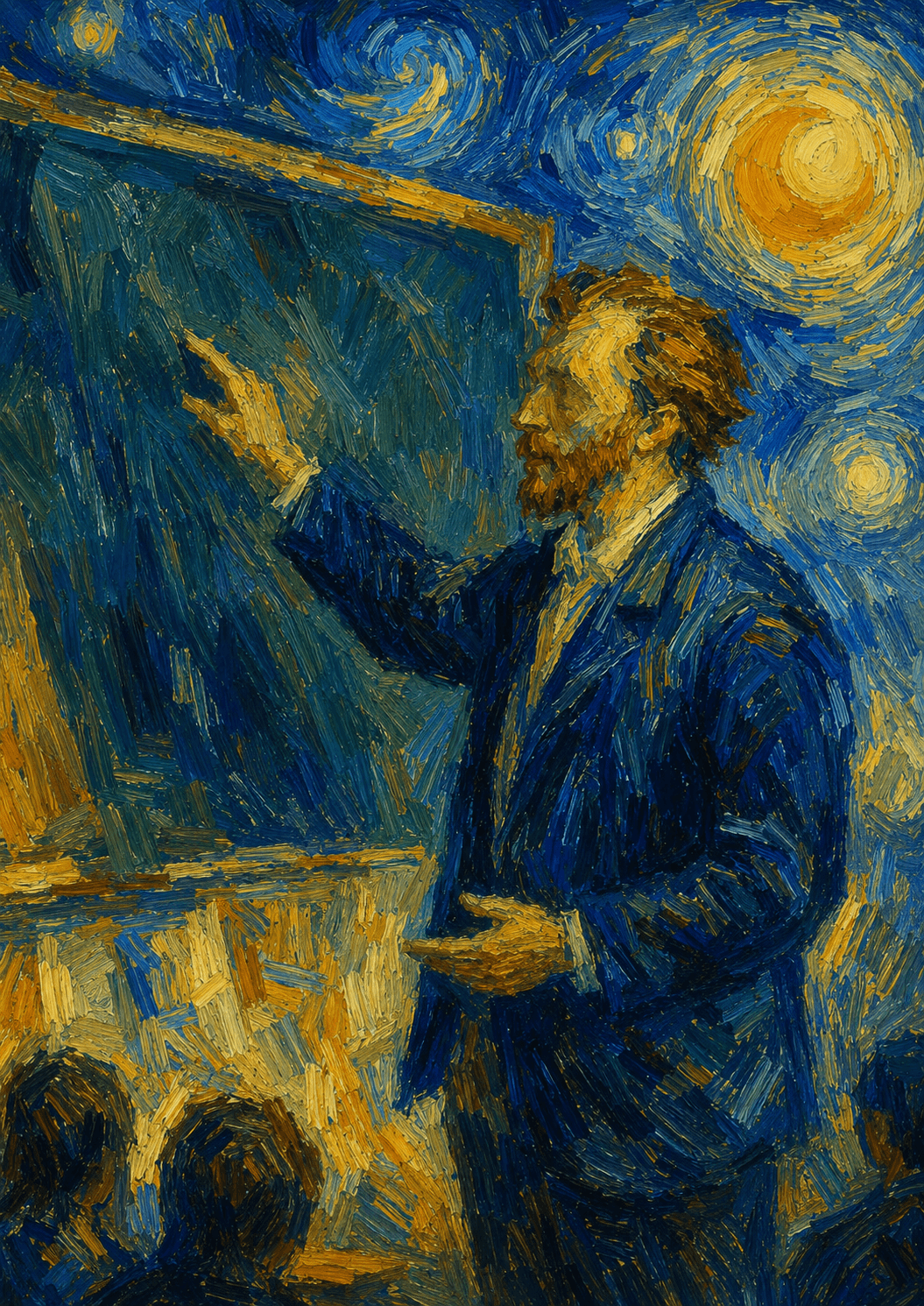 This is an AI-generated artwork of a male classroom teacher in the style of Vincent van Gogh.